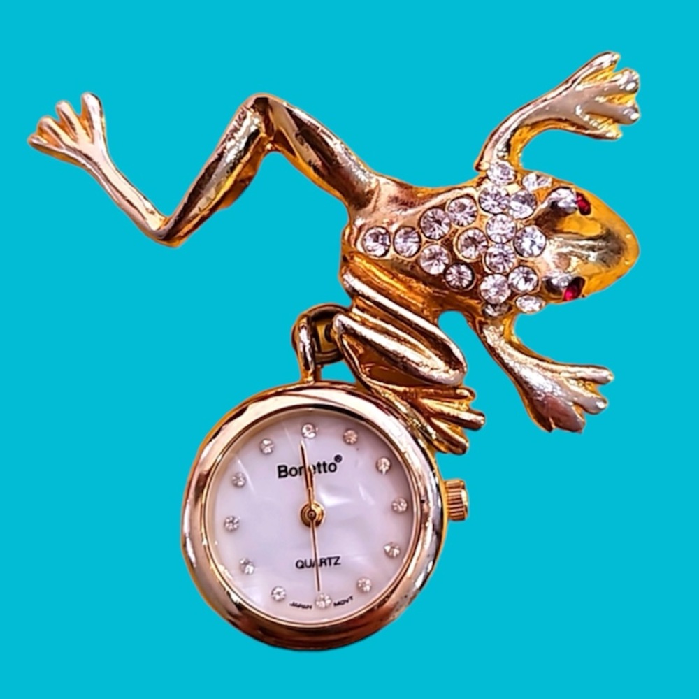 BONETTO CRYSTAL FROG WATCH BROOCH Vintage‎ TCU Japan Movement